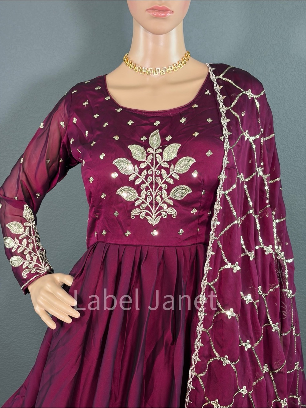 Brand New Embroidered Wine Maroon Anarkali Dress with Dupatta,Bust - M upto L